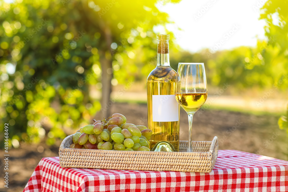 Bottle and glass of wine with ripe grapes on table in vineyard