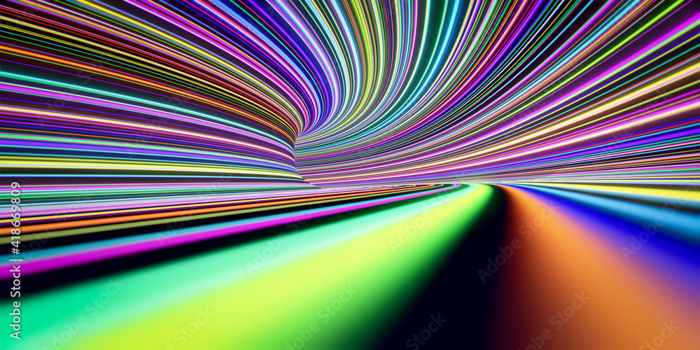 Abstract self-luminous colored  lines move fast in the tunnel. 3d