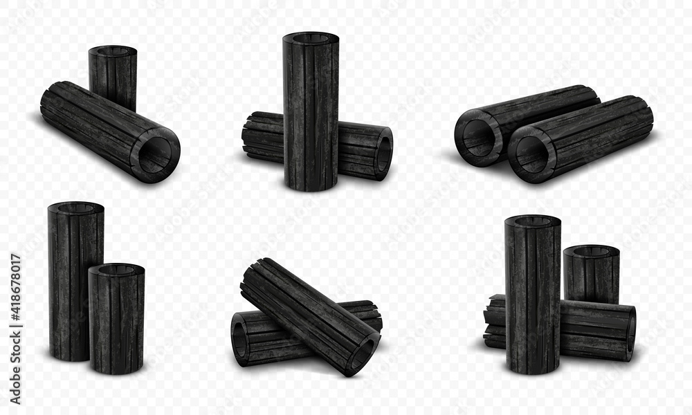 Vector bamboo charcoal set isolated on transparent background. Realistic pieces charcoal.