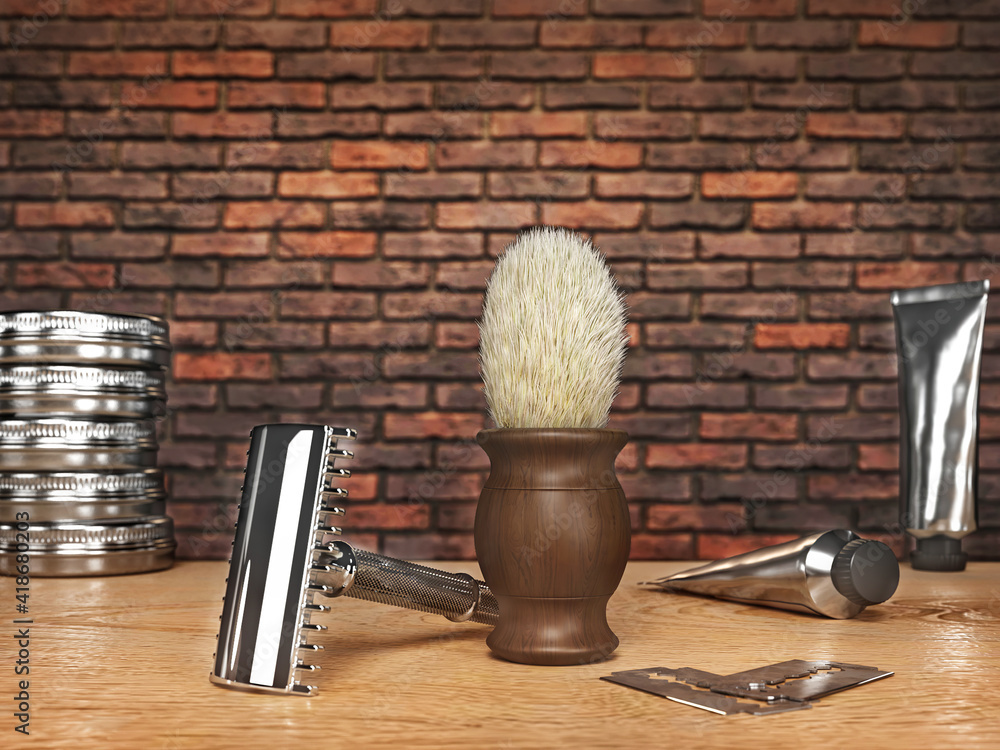 Barbershop tools on a dark background. 3d illustration