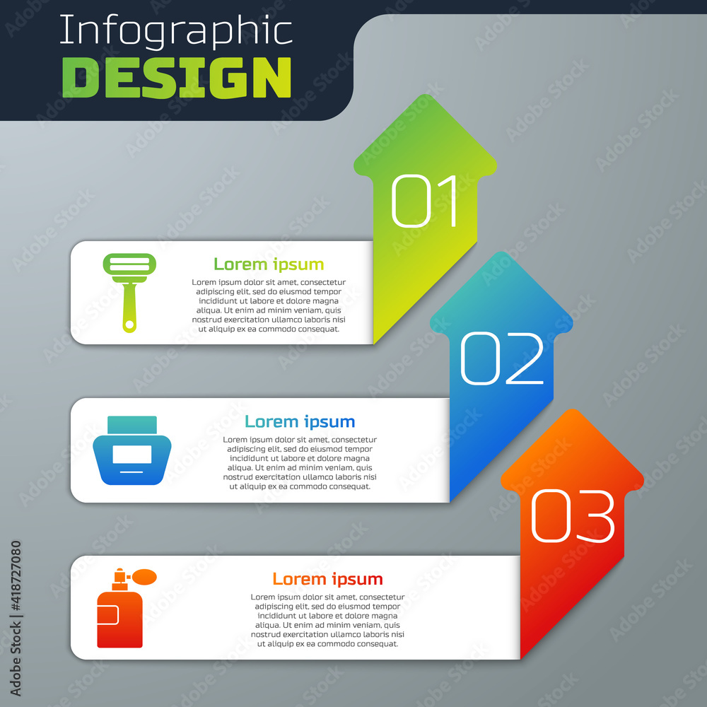 设置剃须刀、面霜或乳液化妆管和香水。商业信息图模板。矢量。