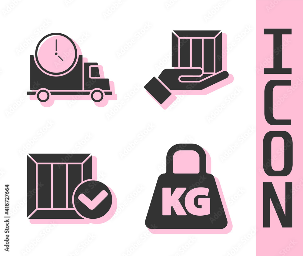 Set Weight, Logistics delivery truck and clock, Wooden box with check mark and Delivery hand with bo