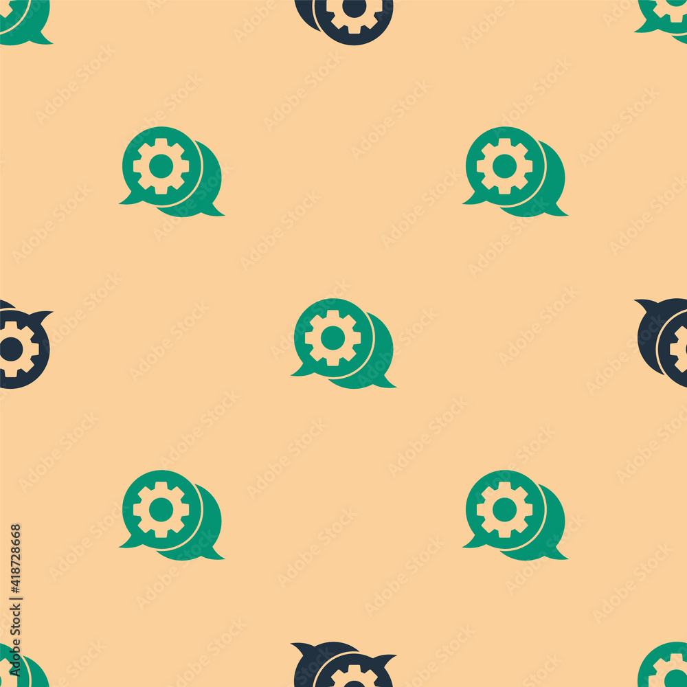 Green and black Speech bubble chat icon isolated seamless pattern on beige background. Message icon.