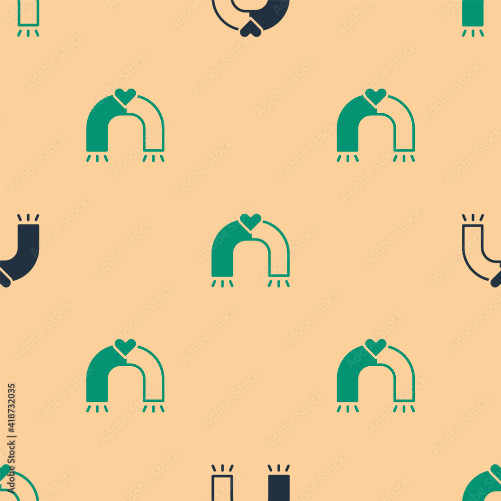 Green and black Love magnet icon isolated seamless pattern on beige background. Vector.