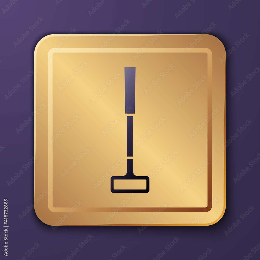 Purple Golf club icon isolated on purple background. Gold square button. Vector.