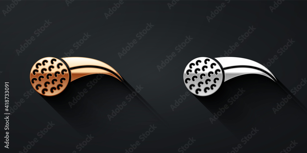 Gold and silver Golf ball icon isolated on black background. Long shadow style. Vector.