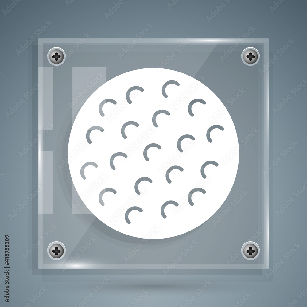 White Golf ball icon isolated on grey background. Square glass panels. Vector.