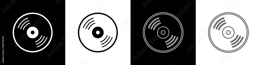 Set Vinyl disk icon isolated on black and white background. Vector.