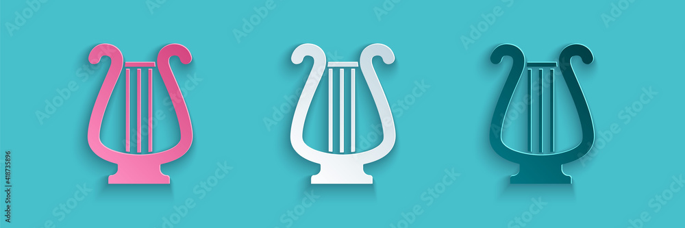 Paper cut Ancient Greek lyre icon isolated on blue background. Classical music instrument, orhestra 