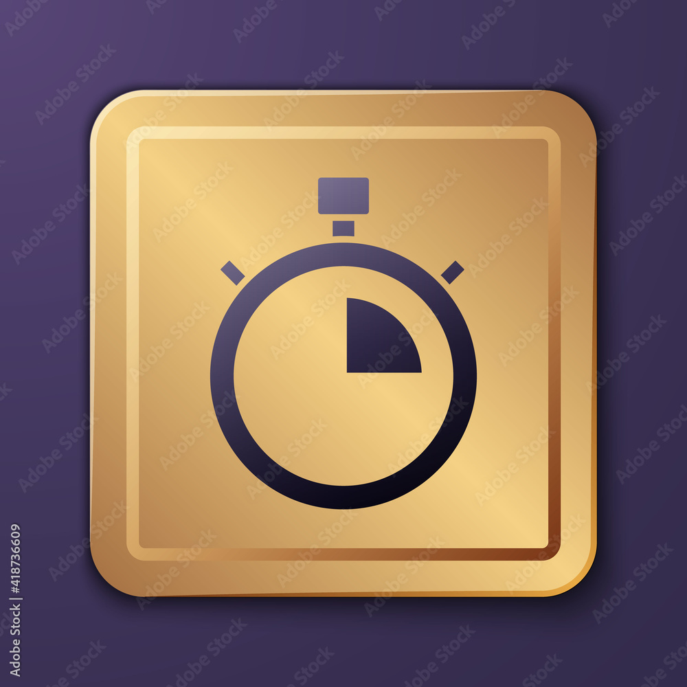 Purple Stopwatch icon isolated on purple background. Time timer sign. Chronometer sign. Gold square 