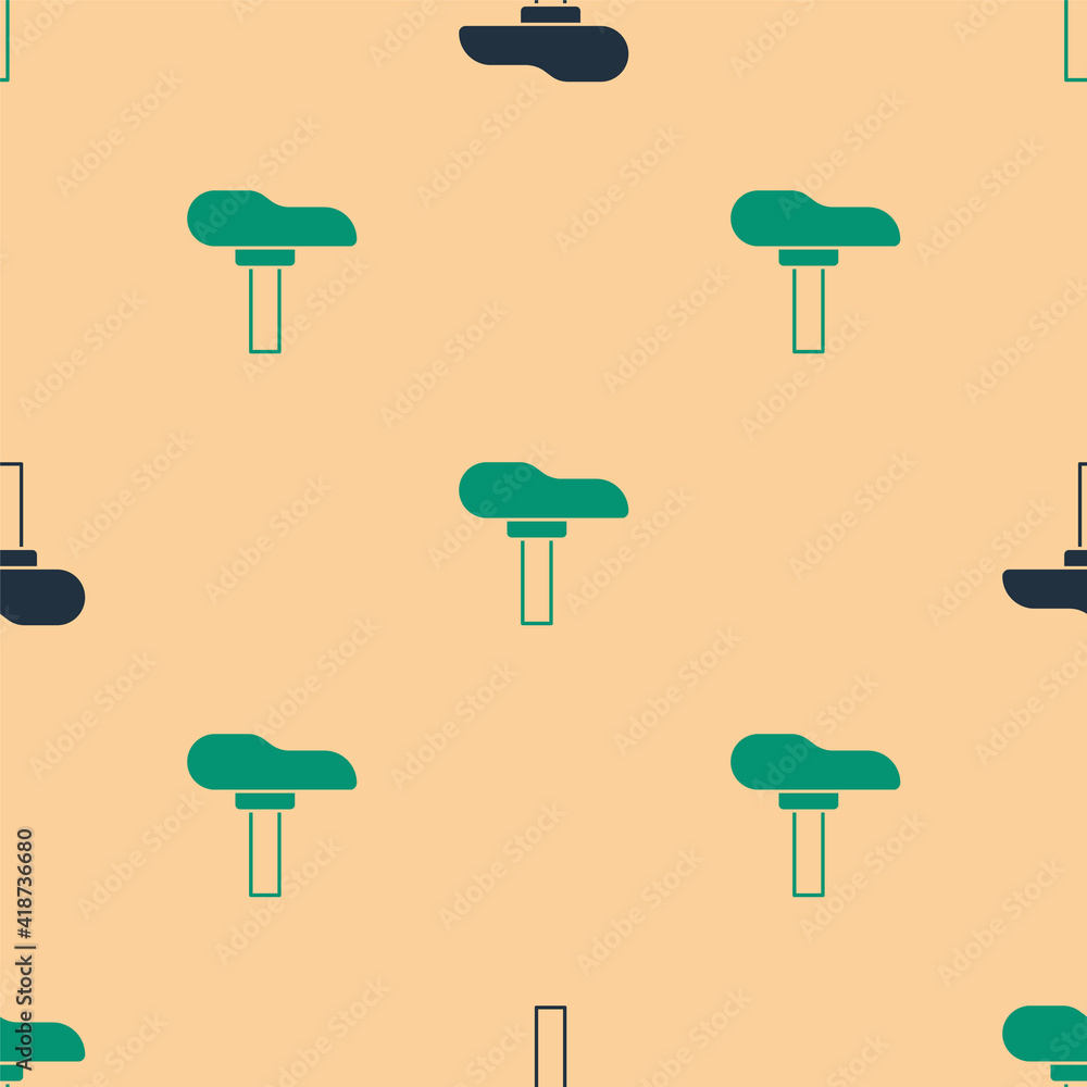 Green and black Bicycle seat icon isolated seamless pattern on beige background. Bicycle saddle. Vec