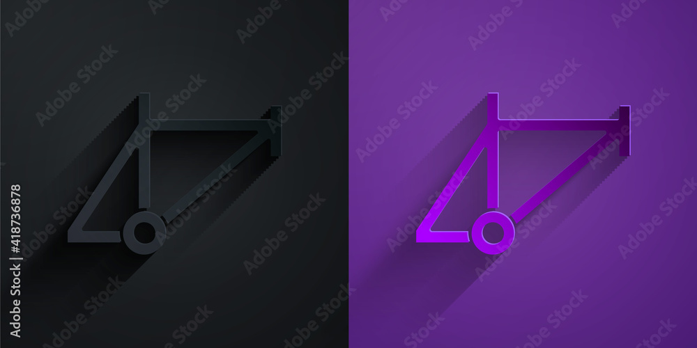 Paper cut Bicycle frame icon isolated on black on purple background. Paper art style. Vector.