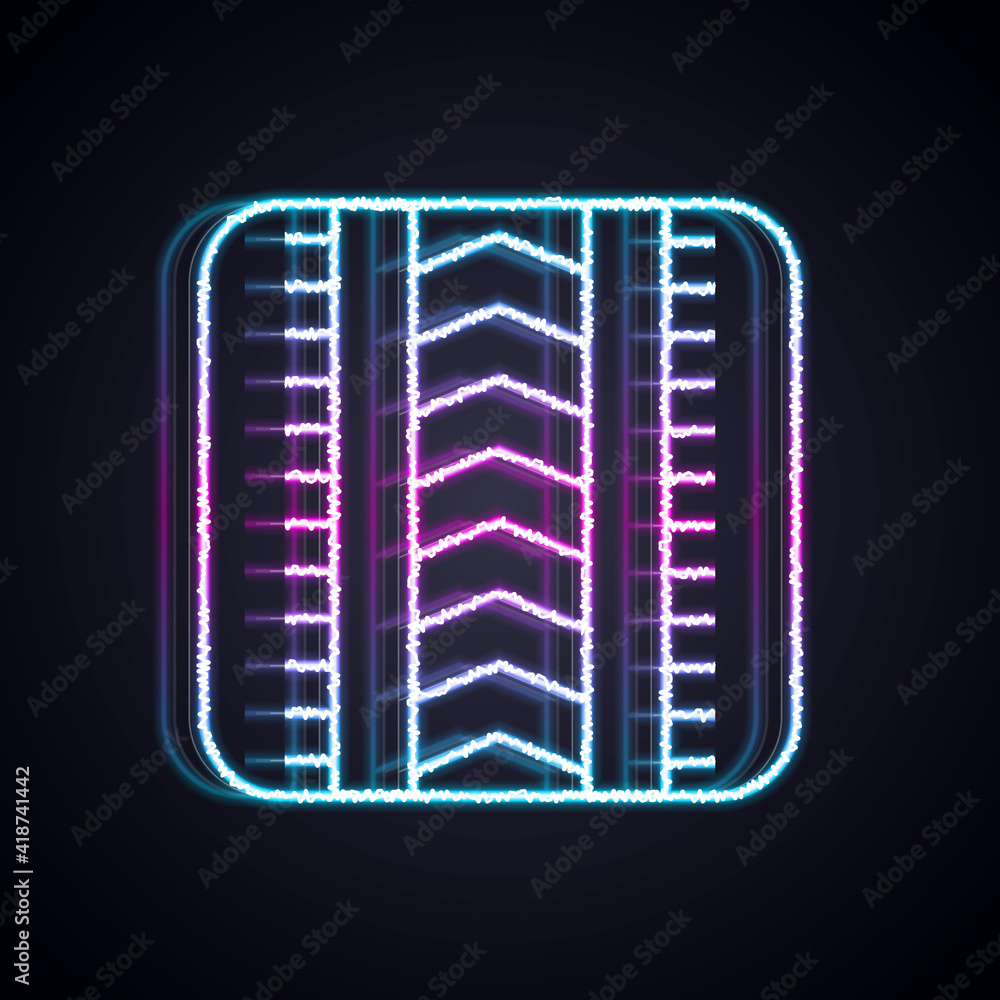 Glowing neon line Tire track icon isolated on black background. Vector.