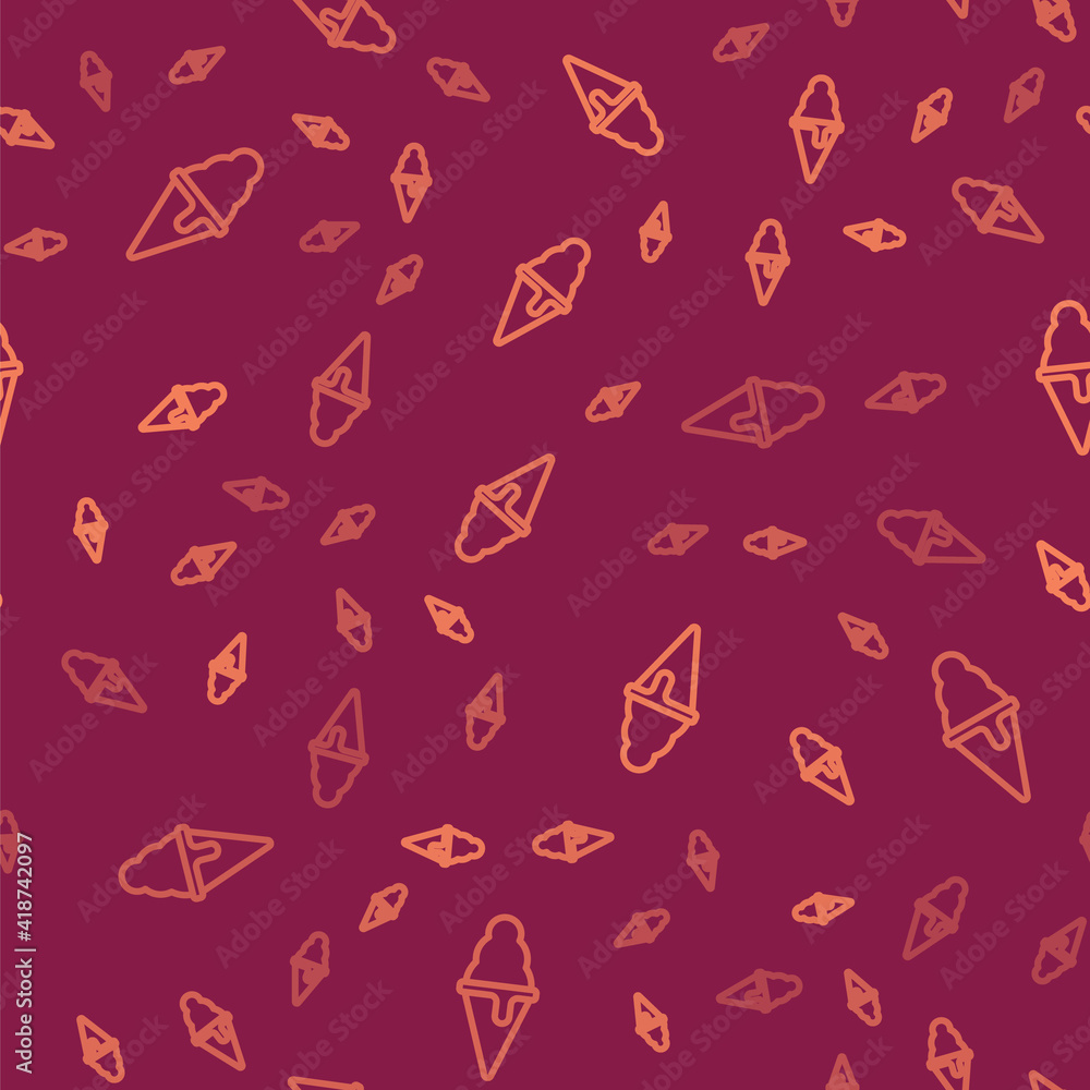 Brown line Ice cream in waffle cone icon isolated seamless pattern on red background. Sweet symbol. 