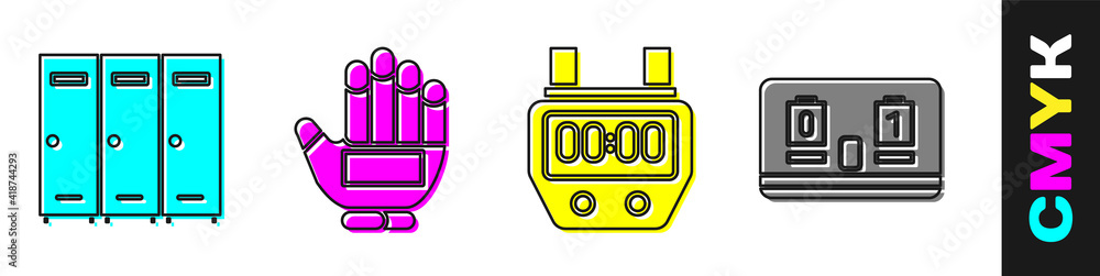 储物柜或更衣室，冰球手套，秒表和冰球机械记分牌图标。矢量。