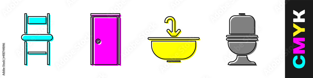 套装椅子、闭门、带水龙头的洗手盆和马桶图标。矢量。