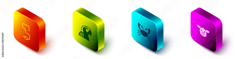 Set Isometric Worm, Macaw parrot, Crab and Pig icon. Vector.