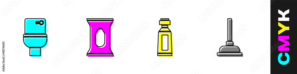 设置抽水马桶、湿巾包、牙膏管和橡胶柱塞图标。矢量。