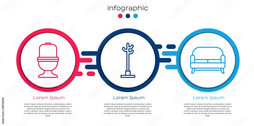 设置线抽水马桶、衣架和沙发。商业信息图模板。矢量。
