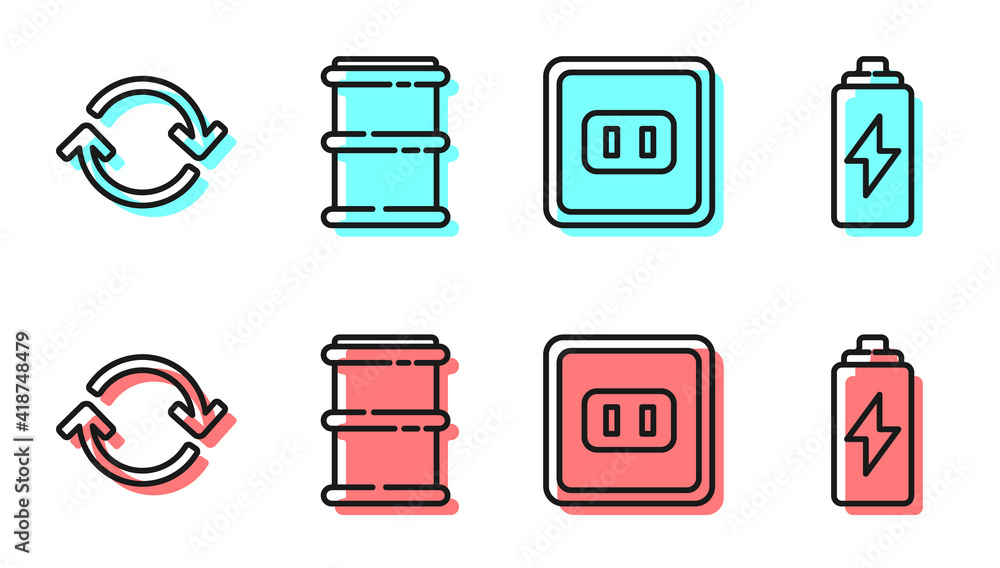 设置线路电源插座、刷新、桶和电池图标。矢量。