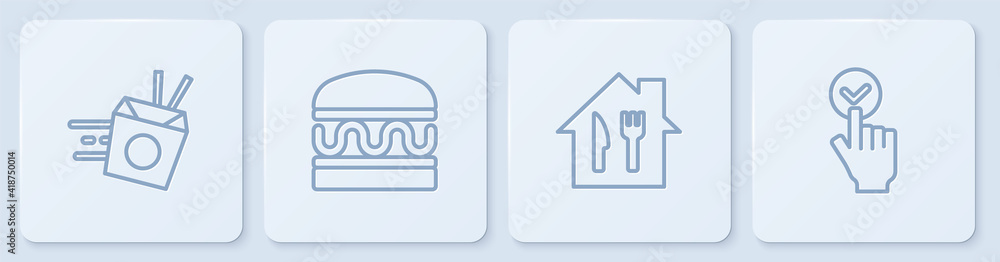 Set line Online ordering noodles delivery, and, Burger and . White square button. Vector.