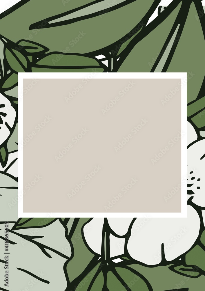 Illustration of green and white flowers and copy space on grey background