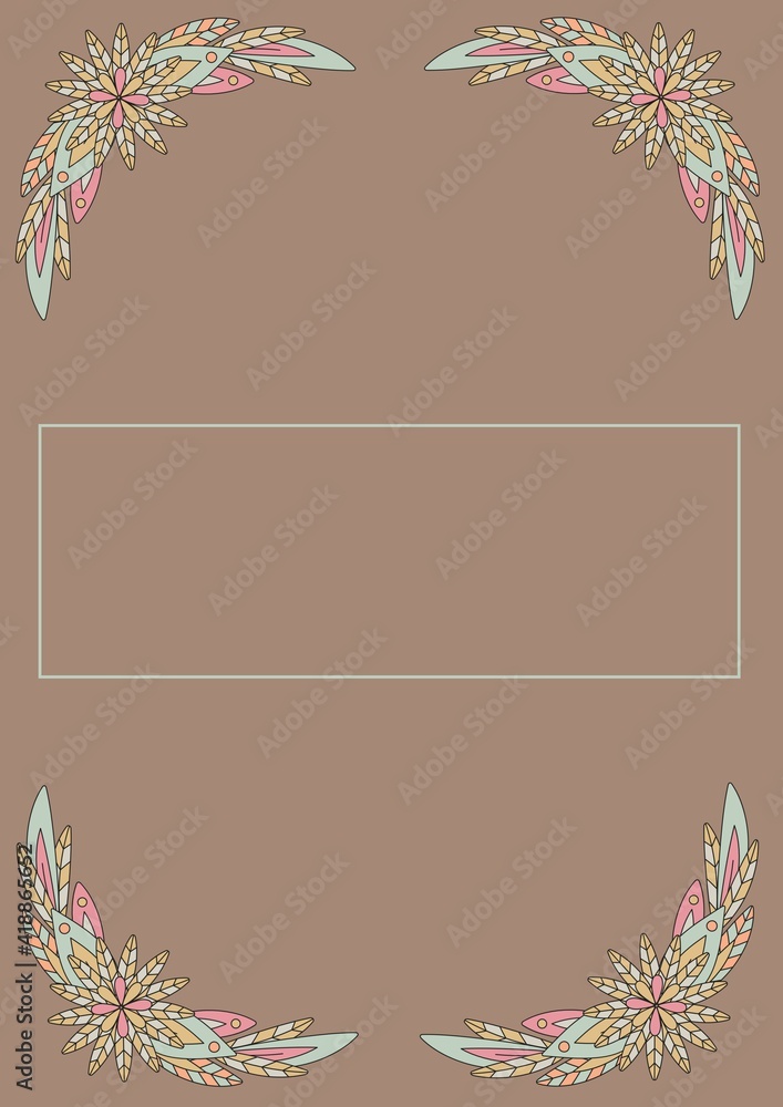 Frame with copy space and flowers on top and bottom on brown background