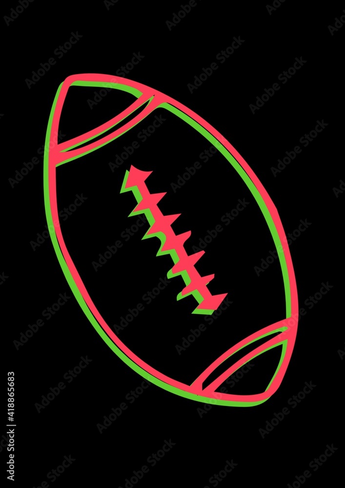 Illustration of vibrant red and green outlined rugby ball with copy space on black background