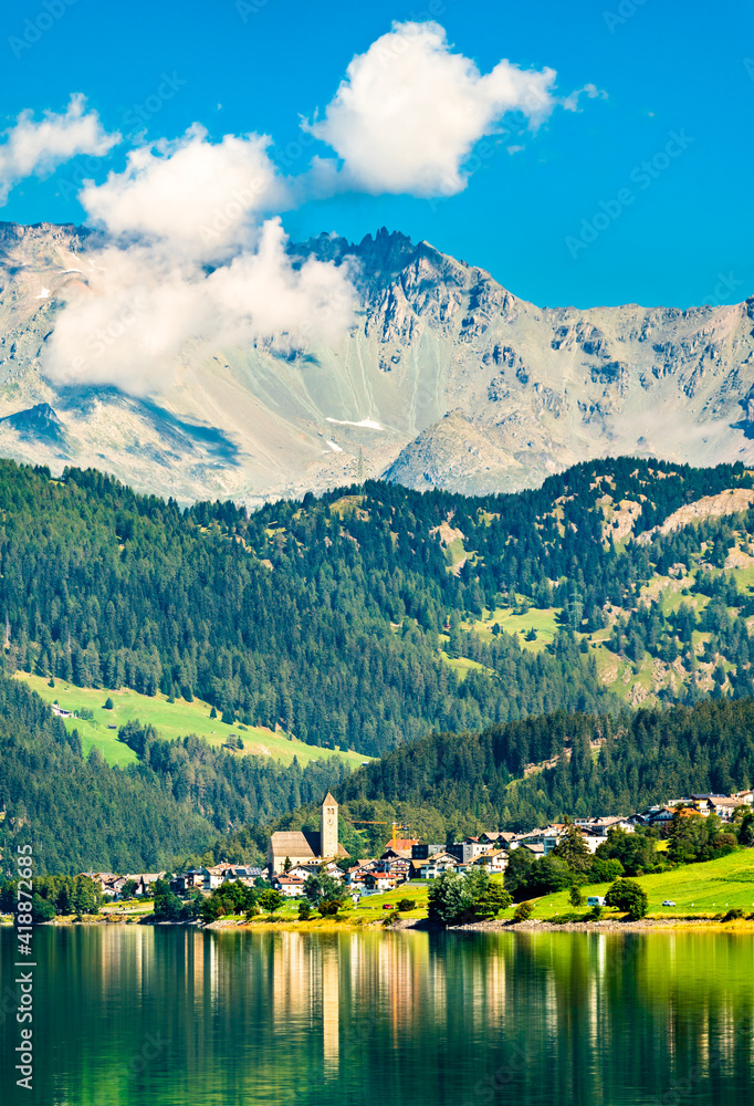 Reschen am See or Resia, a village on Lake Reschen in South Tyrol, Italian Alps