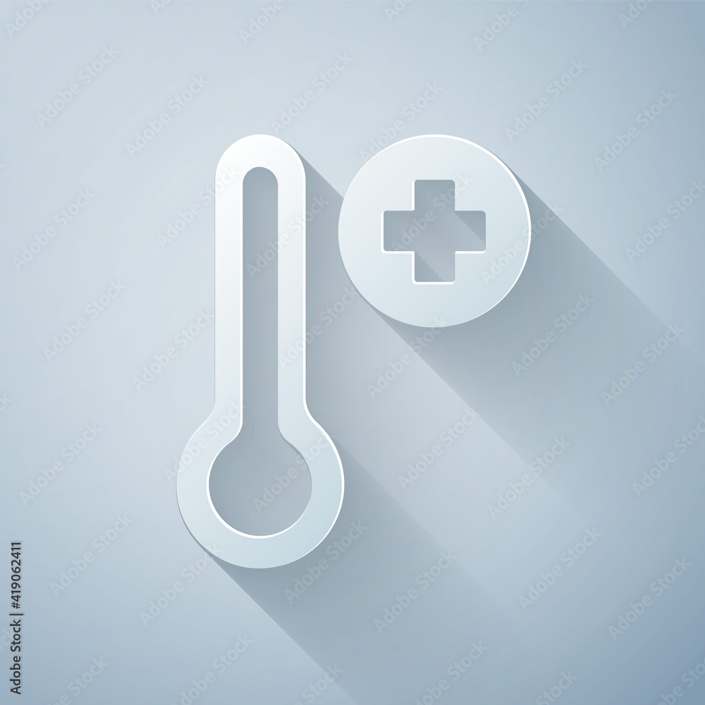 Paper cut Meteorology thermometer measuring icon isolated on grey background. Thermometer equipment 