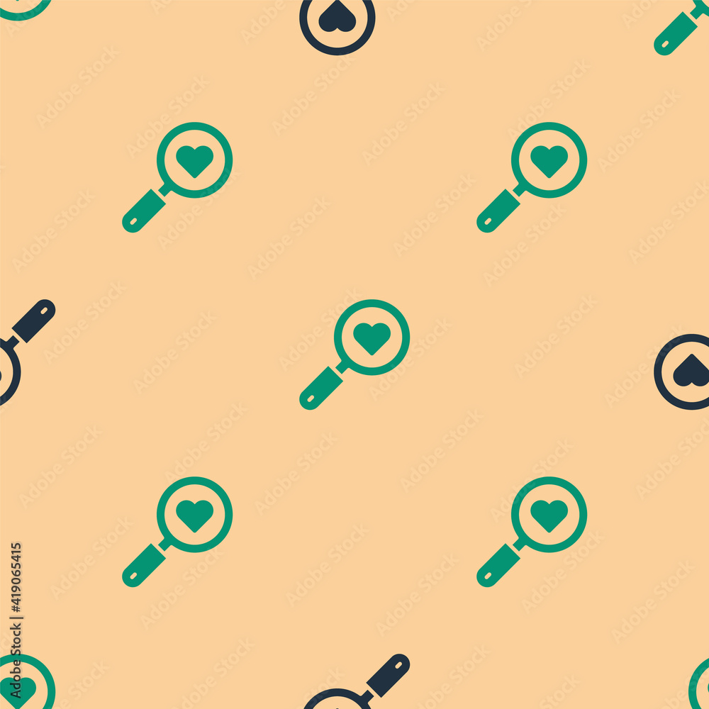 Green and black Search heart and love icon isolated seamless pattern on beige background. Magnifying