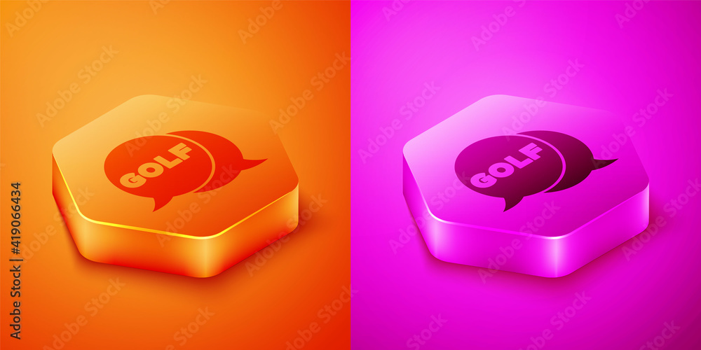 Isometric Golf label icon isolated on orange and pink background. Hexagon button. Vector.