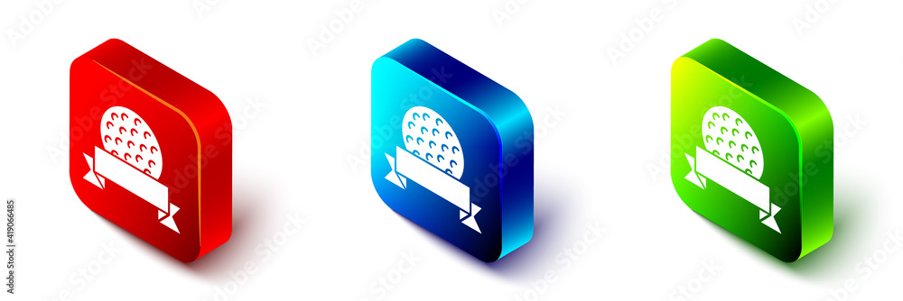 Isometric Golf ball icon isolated on white background. Red, blue and green square button. Vector.