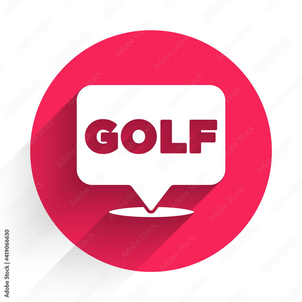 White Golf label icon isolated with long shadow. Red circle button. Vector.