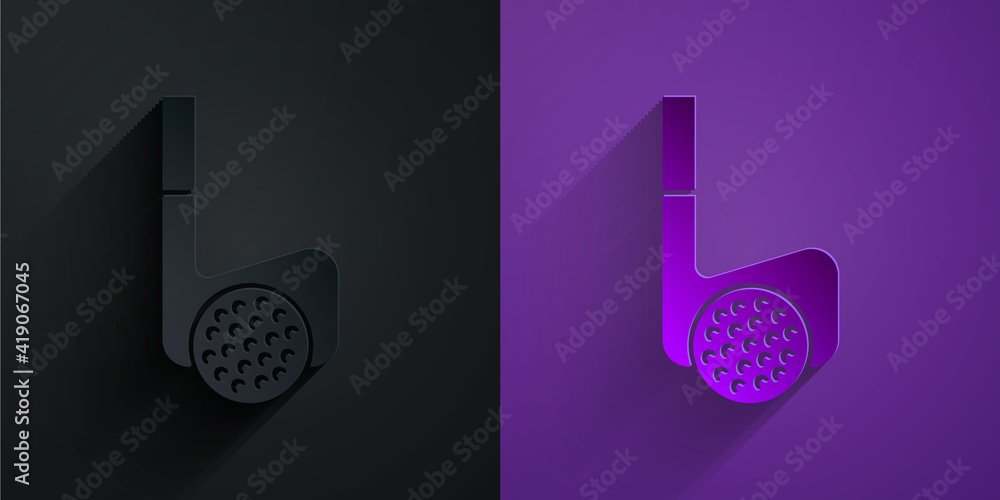 Paper cut Golf club with ball icon isolated on black on purple background. Paper art style. Vector.