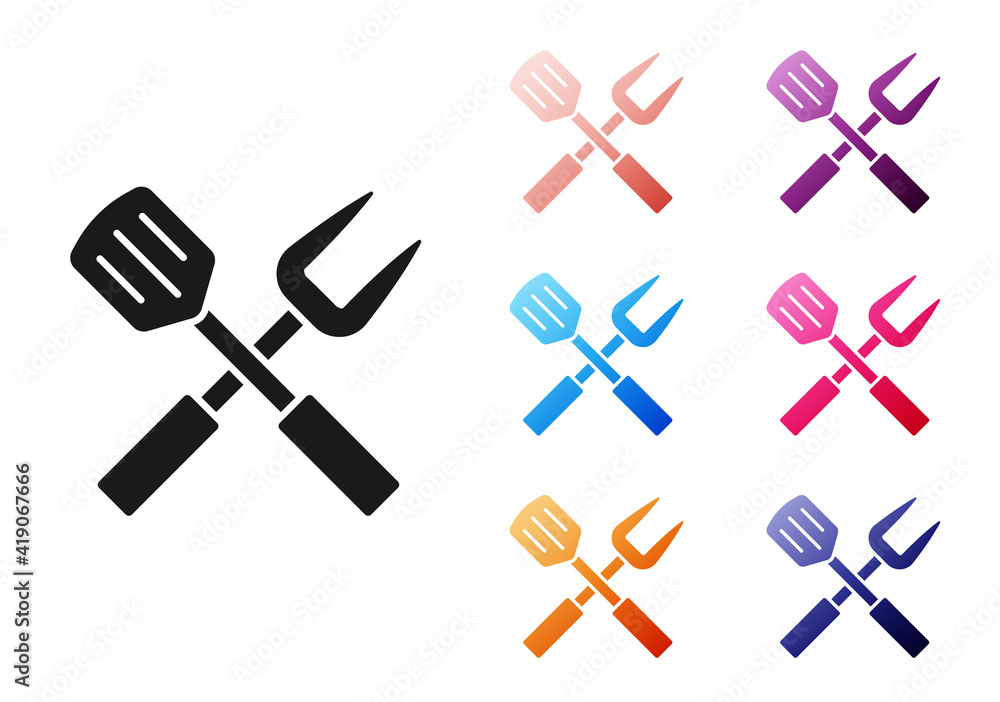 Paper cut Crossed fork and spatula icon isolated on grey background. BBQ fork and spatula sign. Barb