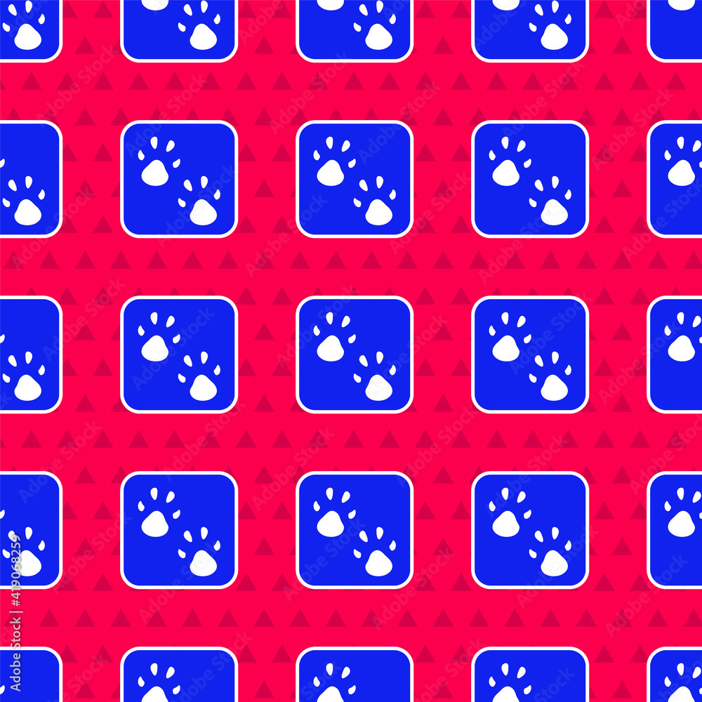 Blue Paw print icon isolated seamless pattern on red background. Dog or cat paw print. Animal track.