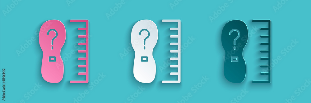 Paper cut Square measure foot size icon isolated on blue background. Shoe size, bare foot measuring.