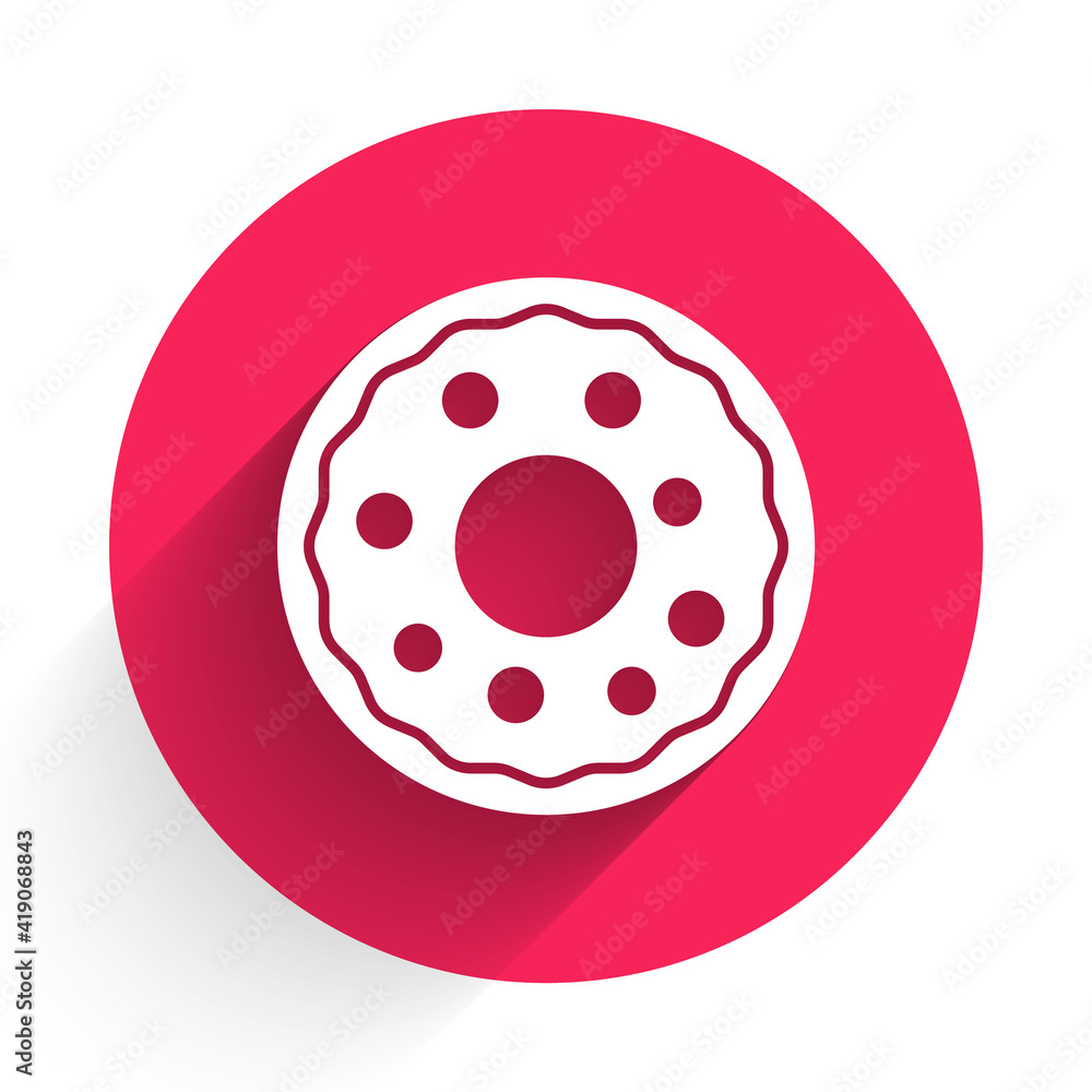 White Donut with sweet glaze icon isolated with long shadow. Red circle button. Vector.