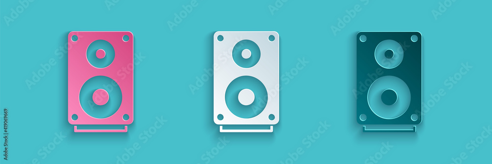 Paper cut Stereo speaker icon isolated on blue background. Sound system speakers. Music icon. Musica