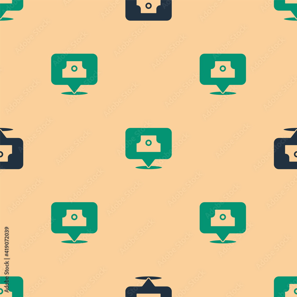 Green and black Spray can nozzle cap icon isolated seamless pattern on beige background. Vector.