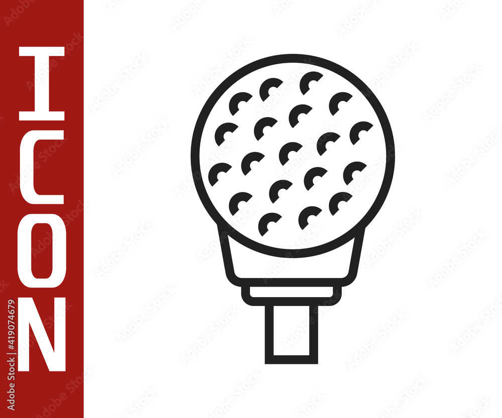 Black line Golf ball on tee icon isolated on white background. Vector.