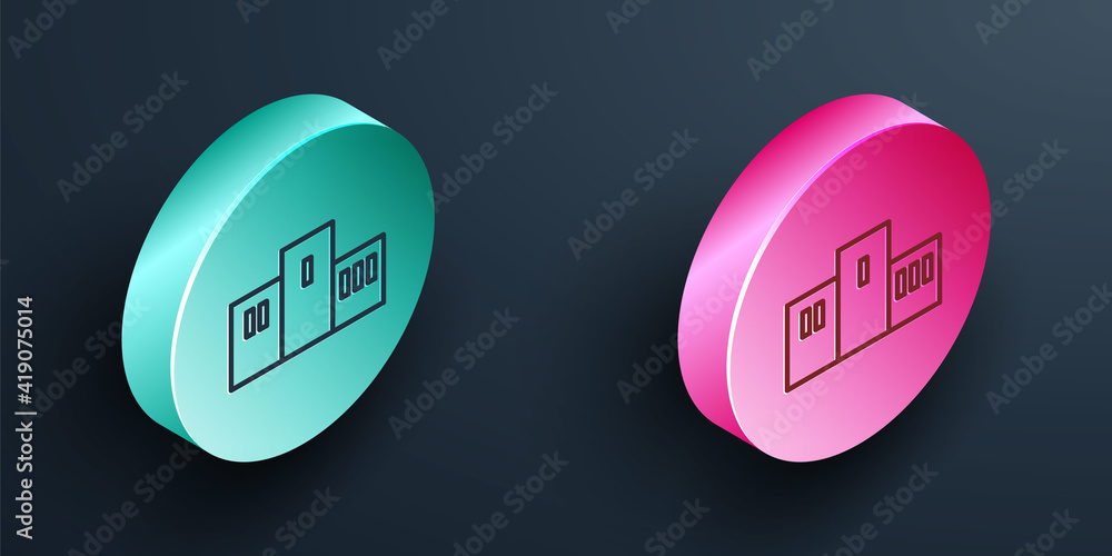 Isometric line Award over sports winner podium icon isolated on black background. Turquoise and pink