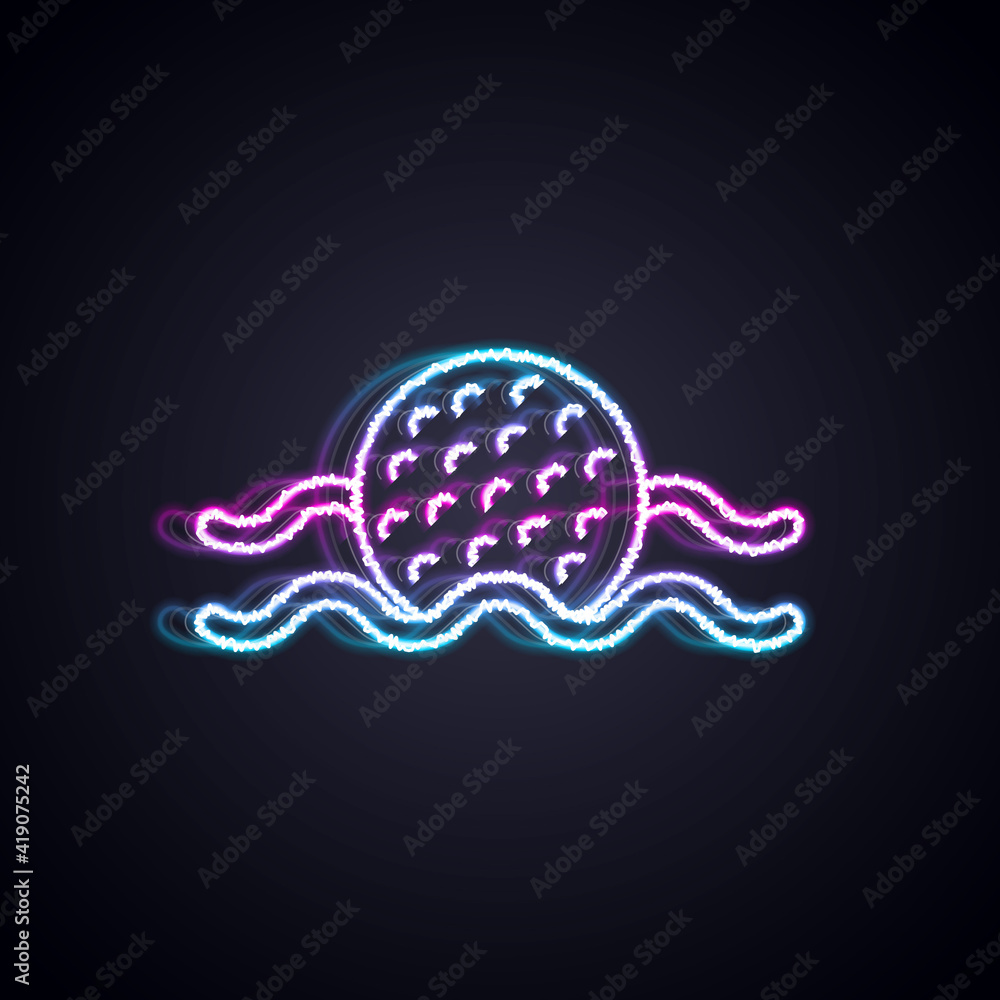 Glowing neon line Golf ball in water icon isolated on black background. Vector.