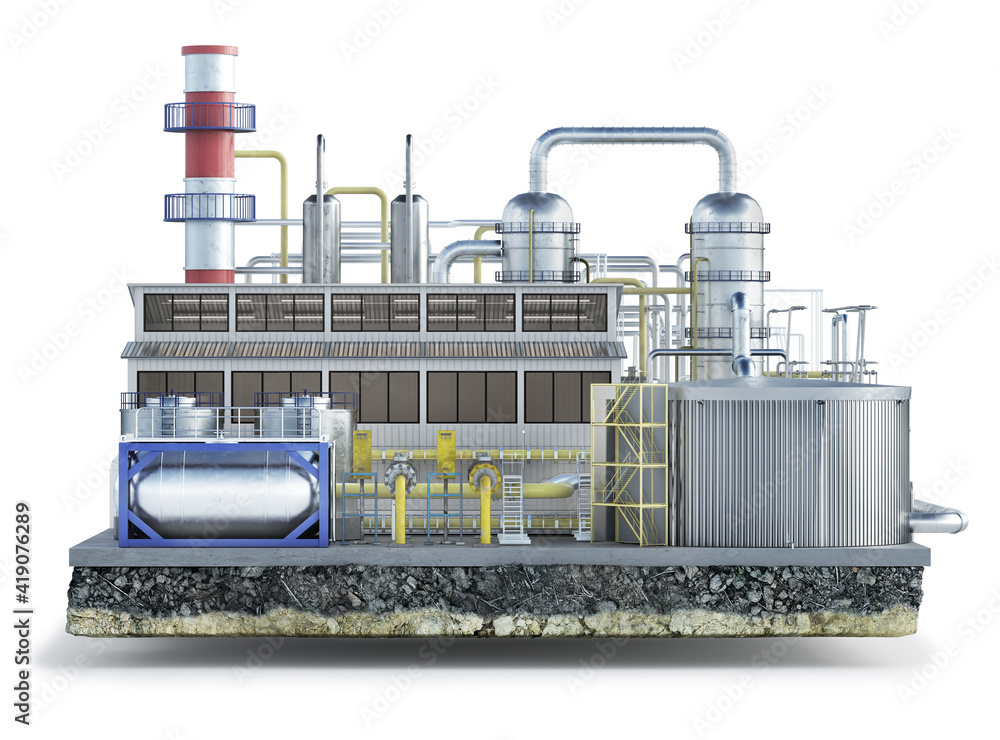 岛上的石油厂被隔离在白色背景上。3d插图