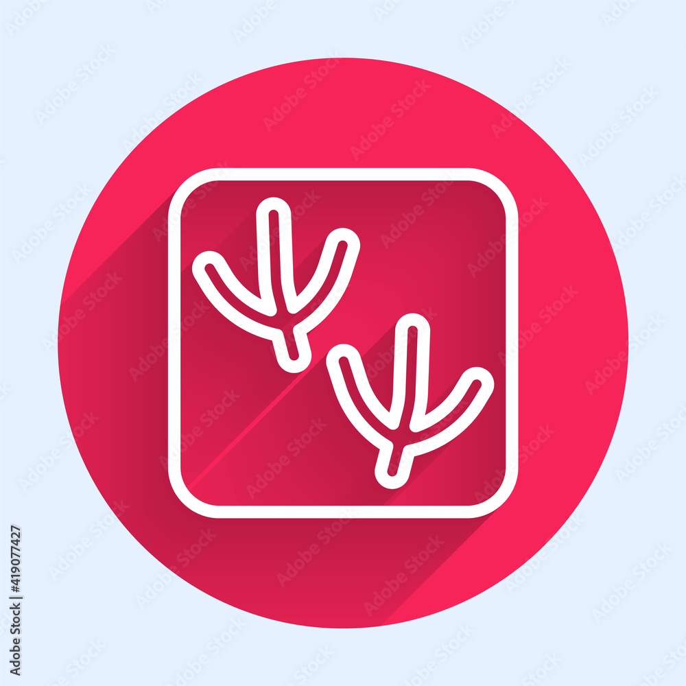 White line Dove paw footprint icon isolated with long shadow. Red circle button. Vector.