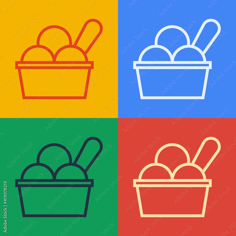 Pop art line Ice cream in the bowl icon isolated on color background. Sweet symbol. Vector.