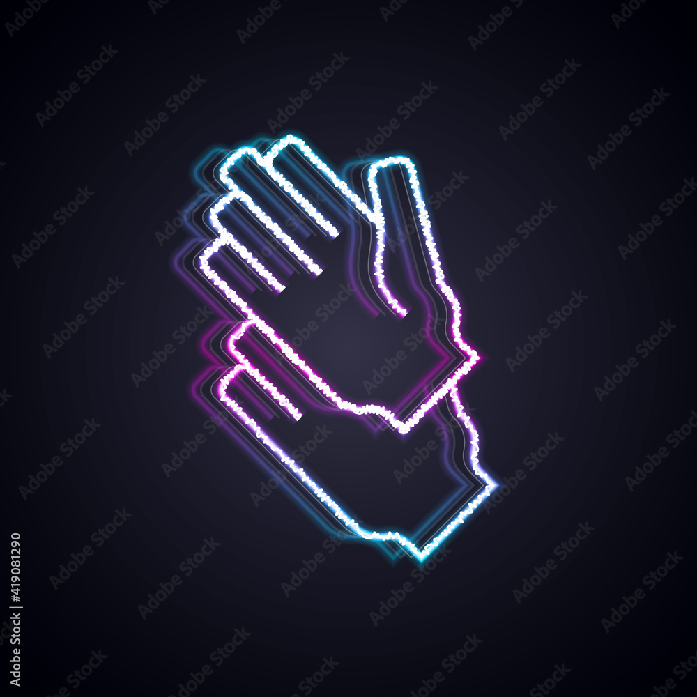 Glowing neon line Rubber gloves icon isolated on black background. Latex hand protection sign. House