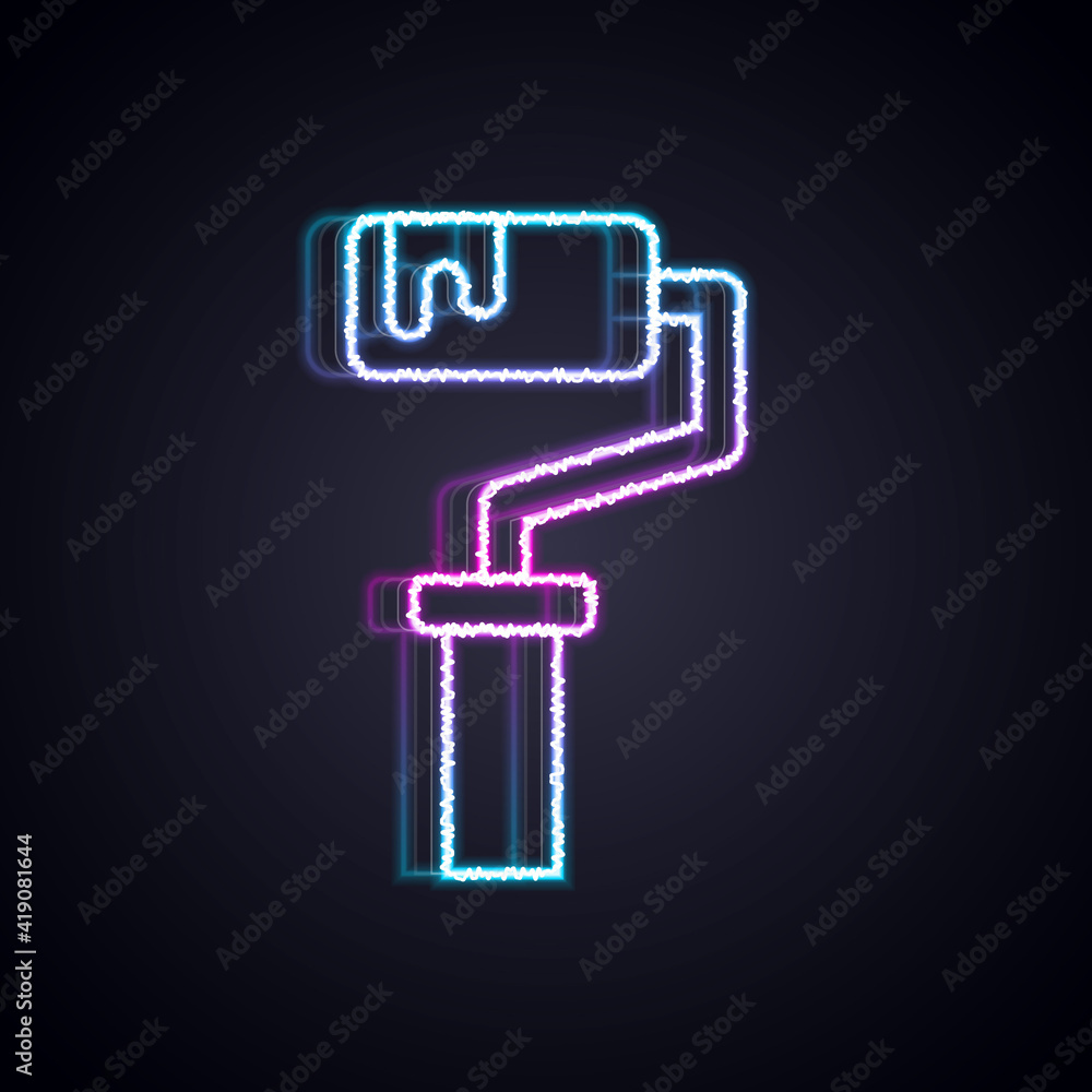 Glowing neon line Paint roller brush icon isolated on black background. Vector.