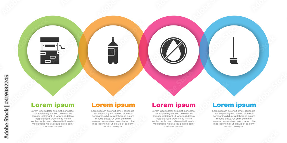 Set Well, Bottle of water, Water drop forbidden and Mop. Business infographic template. Vector.